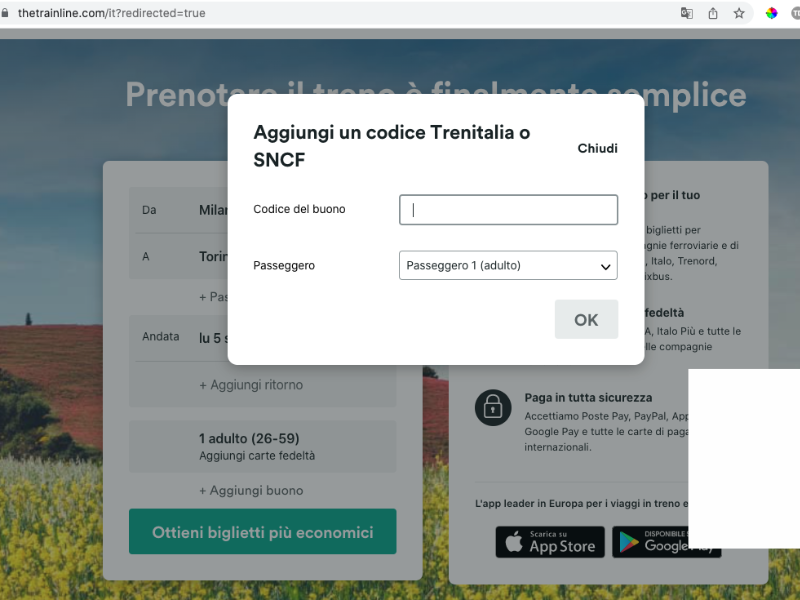 Trainline codice sconto